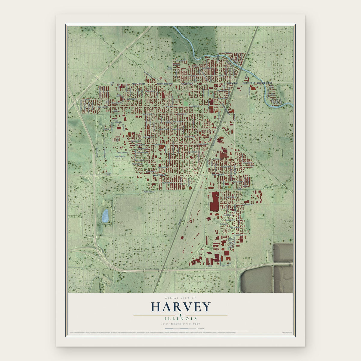 Harvey, Illinois map print, the full design