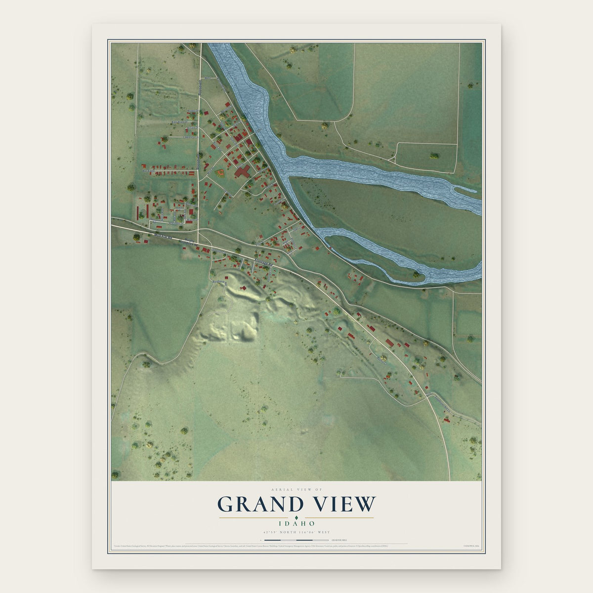 Grand View, Idaho map print, the full design