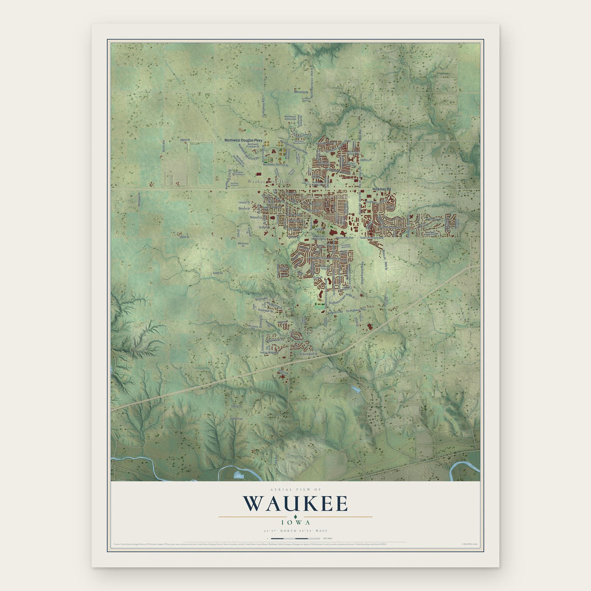 Waukee, Iowa map print, the full design
