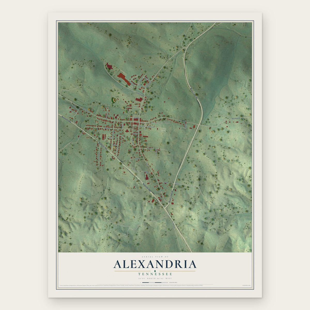 Alexandria, Tennessee map print, the full design