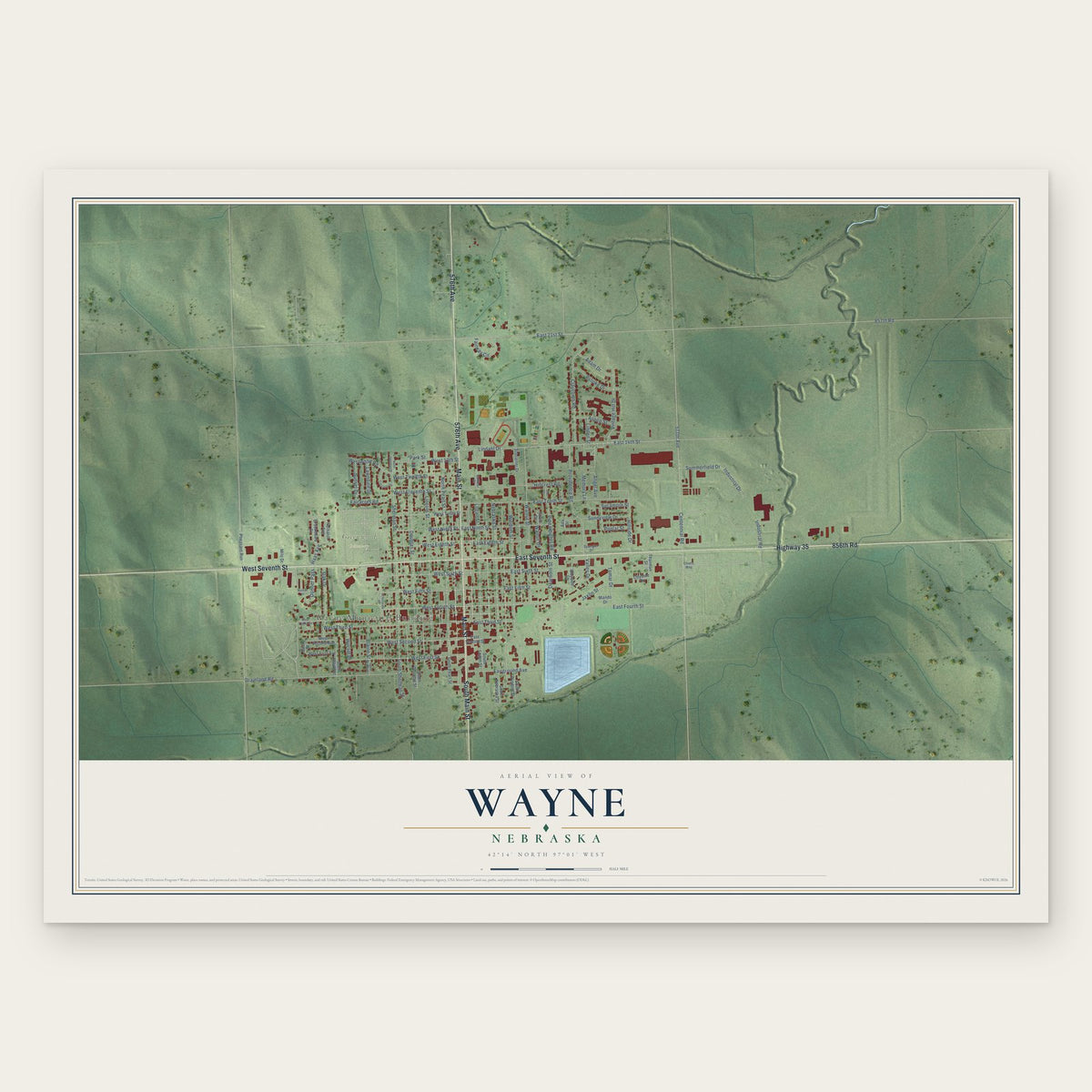Wayne, Nebraska map print, the full design