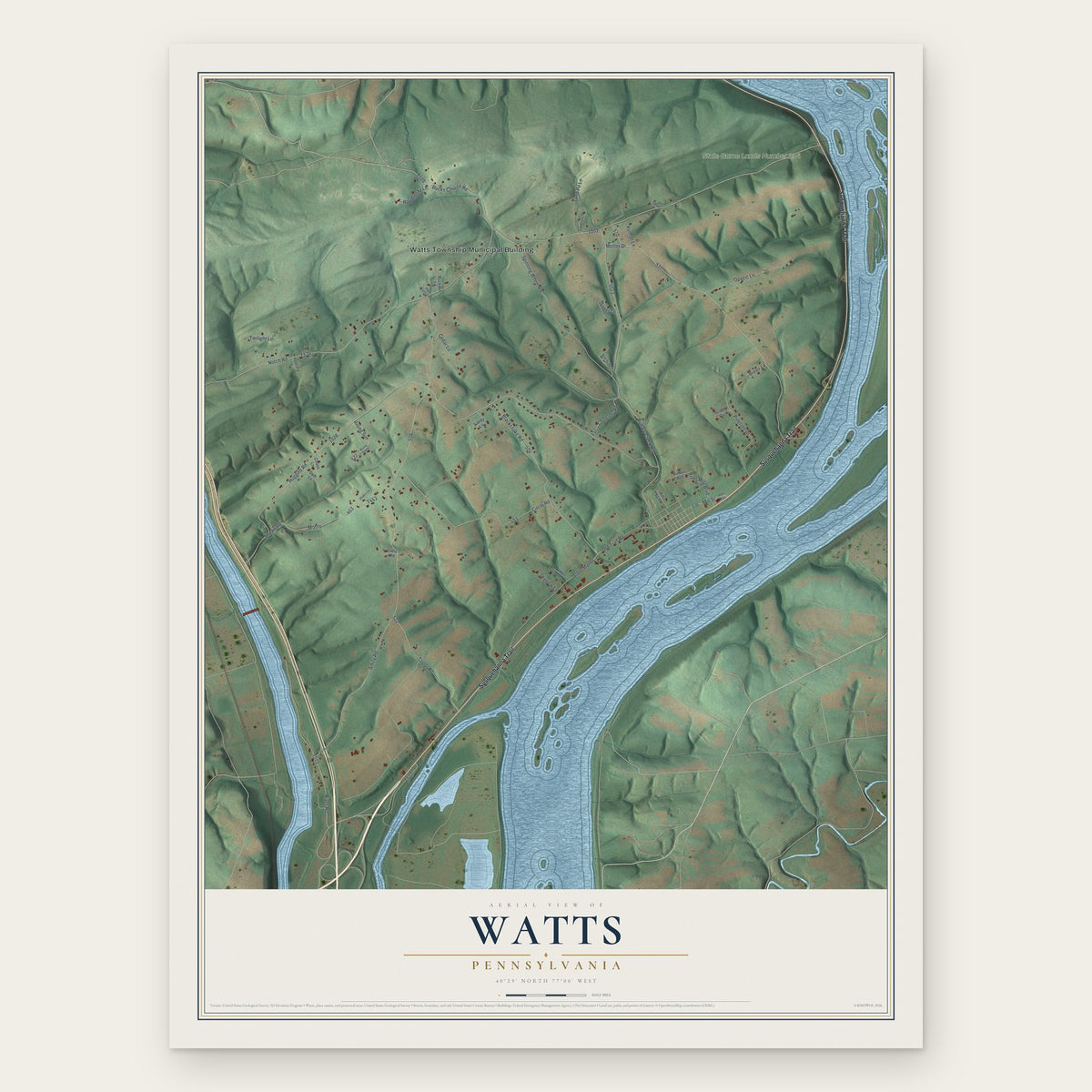 Watts, Pennsylvania map print, the full design