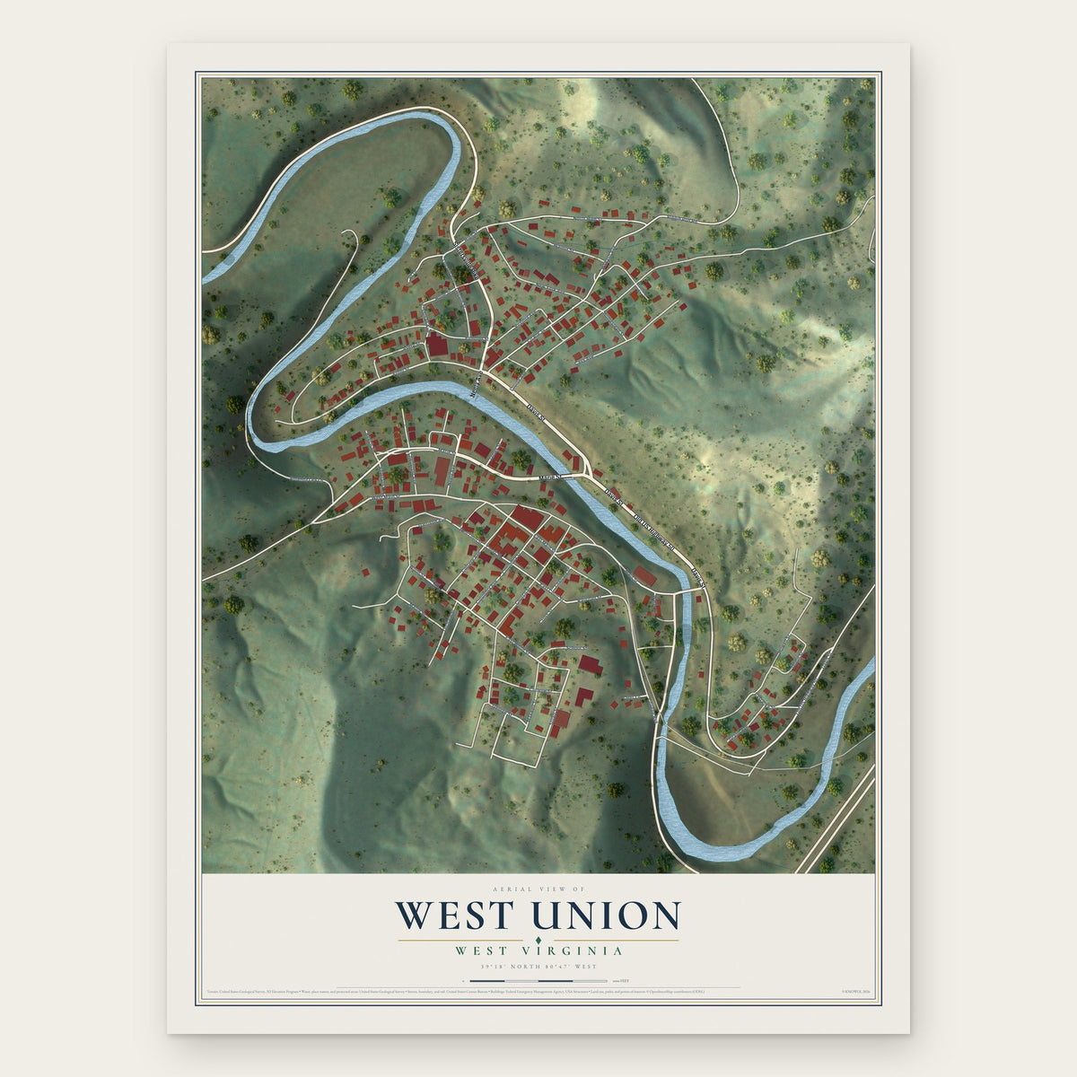 West Union, West Virginia map print, the full design
