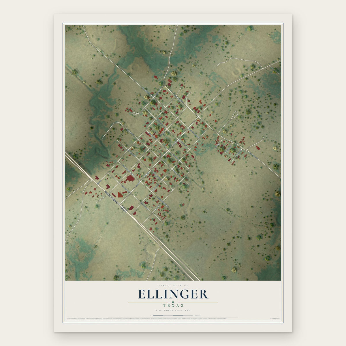 Ellinger, Texas map print, the full design