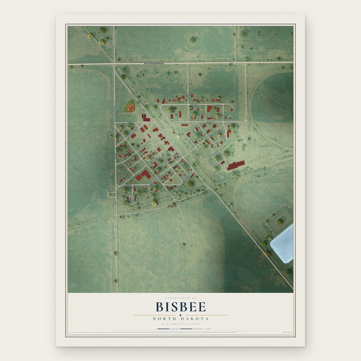 Bisbee, North Dakota map print, the full design