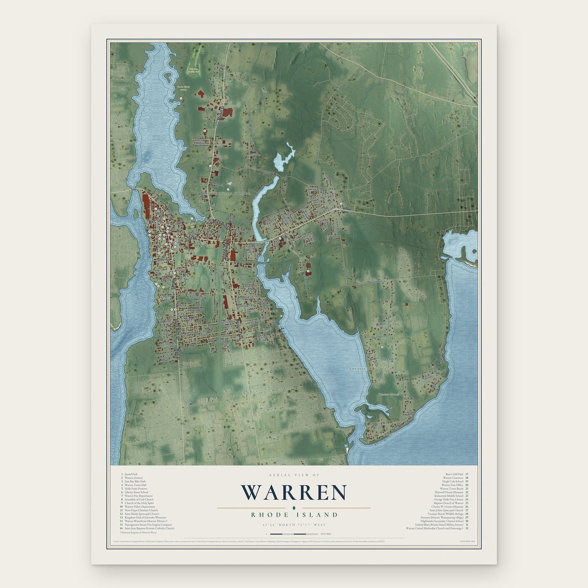 Warren, Rhode Island map print, the full design