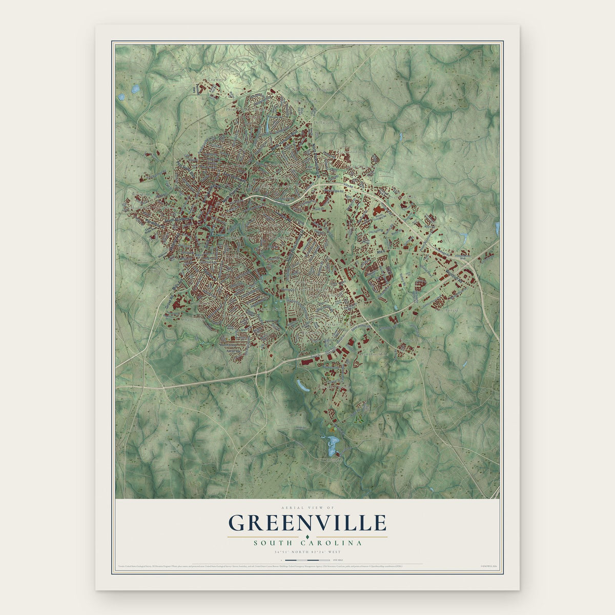Greenville, South Carolina map print, the full design