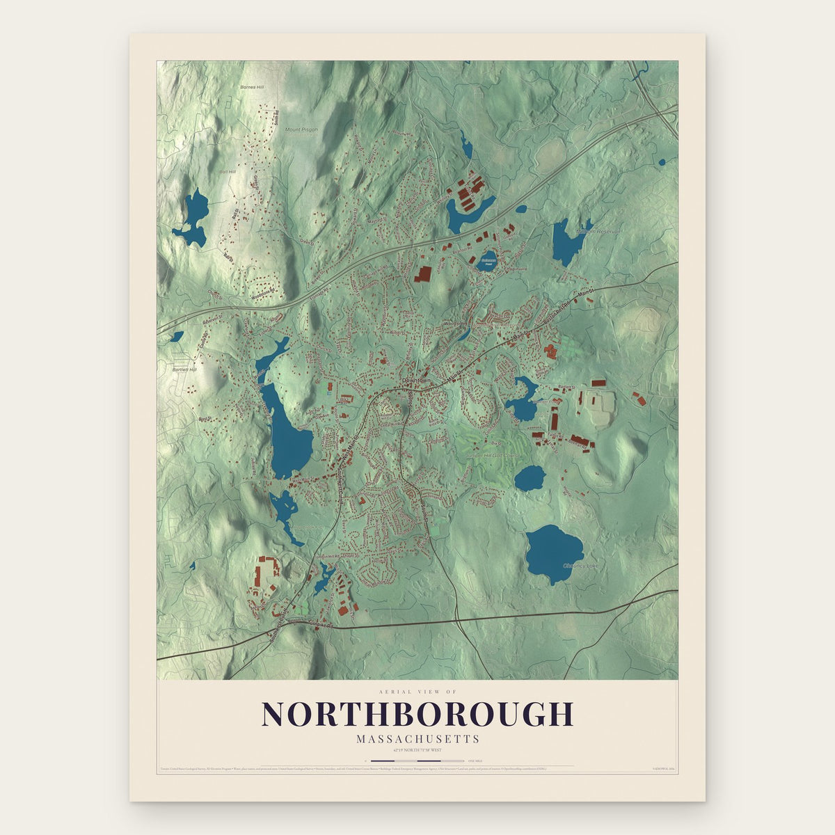 Northborough, Massachusetts map print, the full design