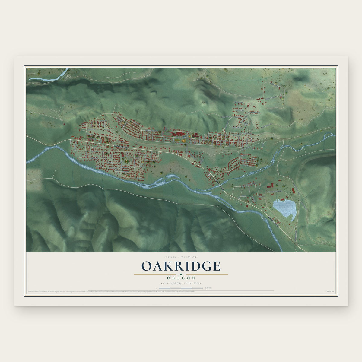 Oakridge, Oregon map print, the full design