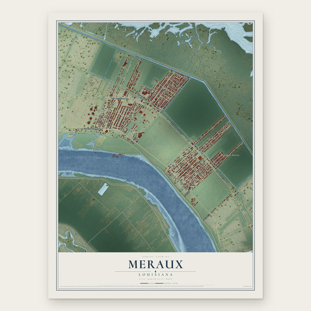 Meraux, Louisiana map print, the full design