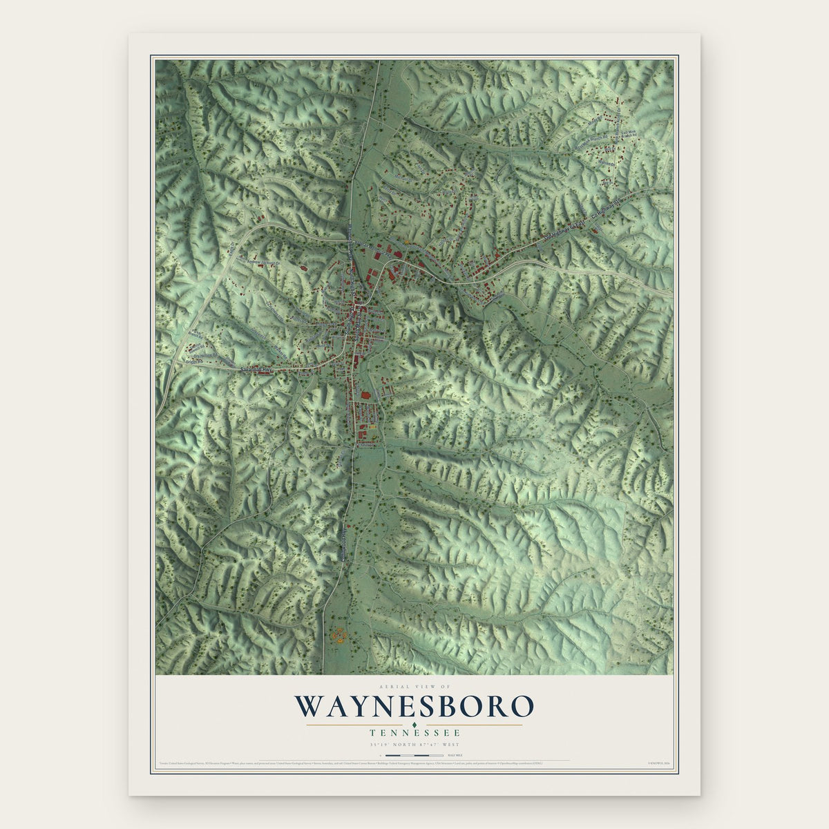 Waynesboro, Tennessee map print, the full design