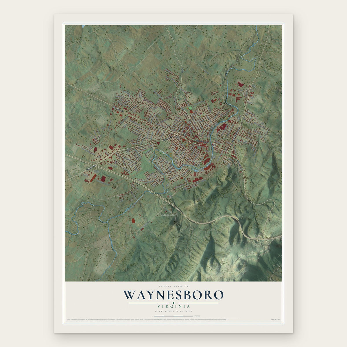 Waynesboro, Virginia map print, the full design