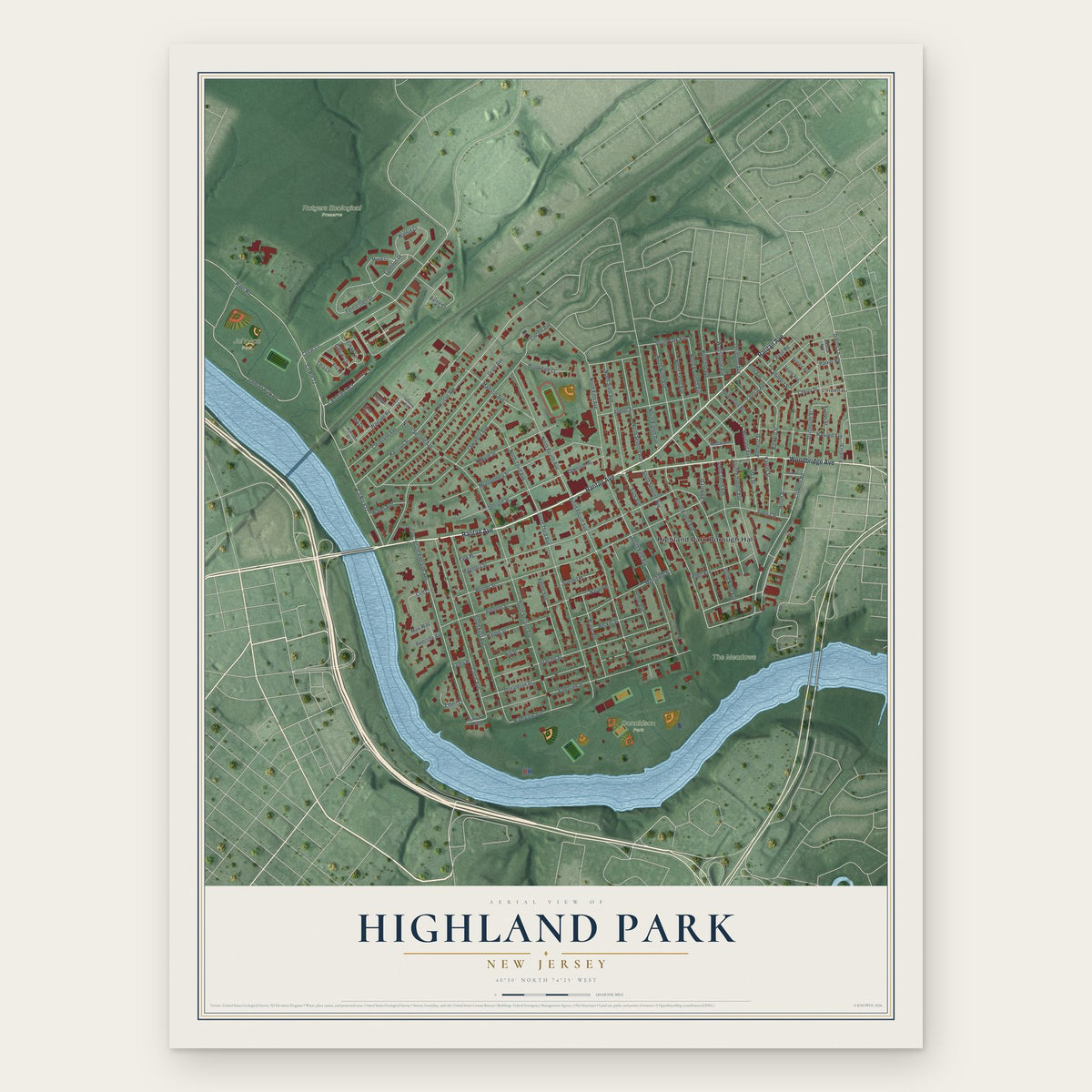 Highland Park, New Jersey map print, the full design