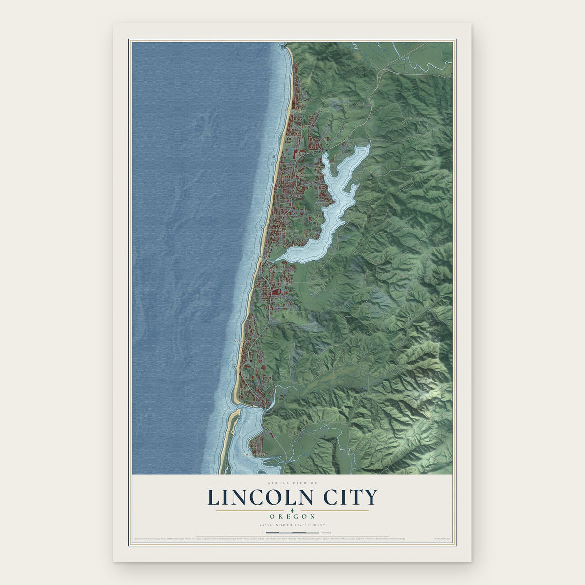 Lincoln City, Oregon map print, the full design