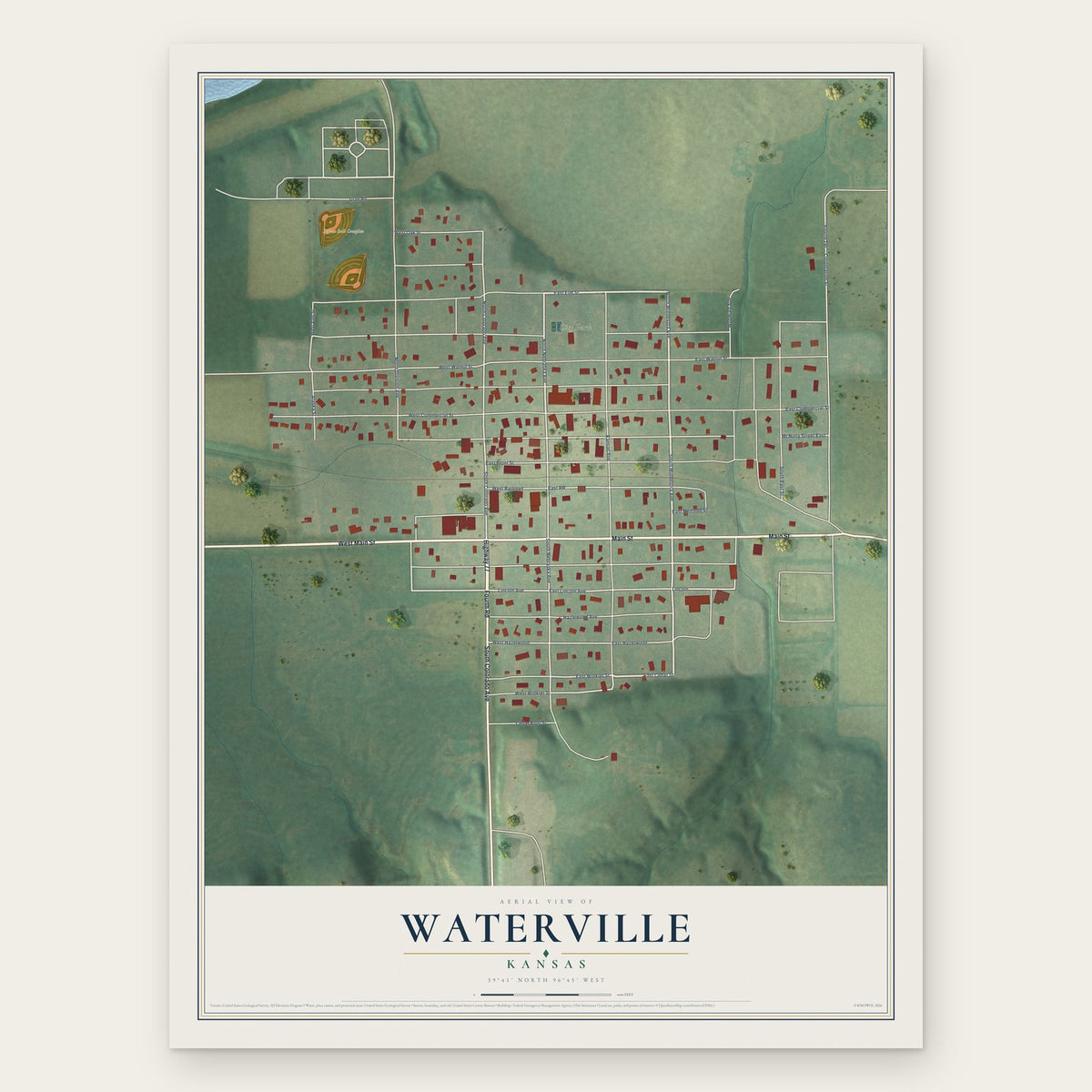 Waterville, Kansas map print, the full design