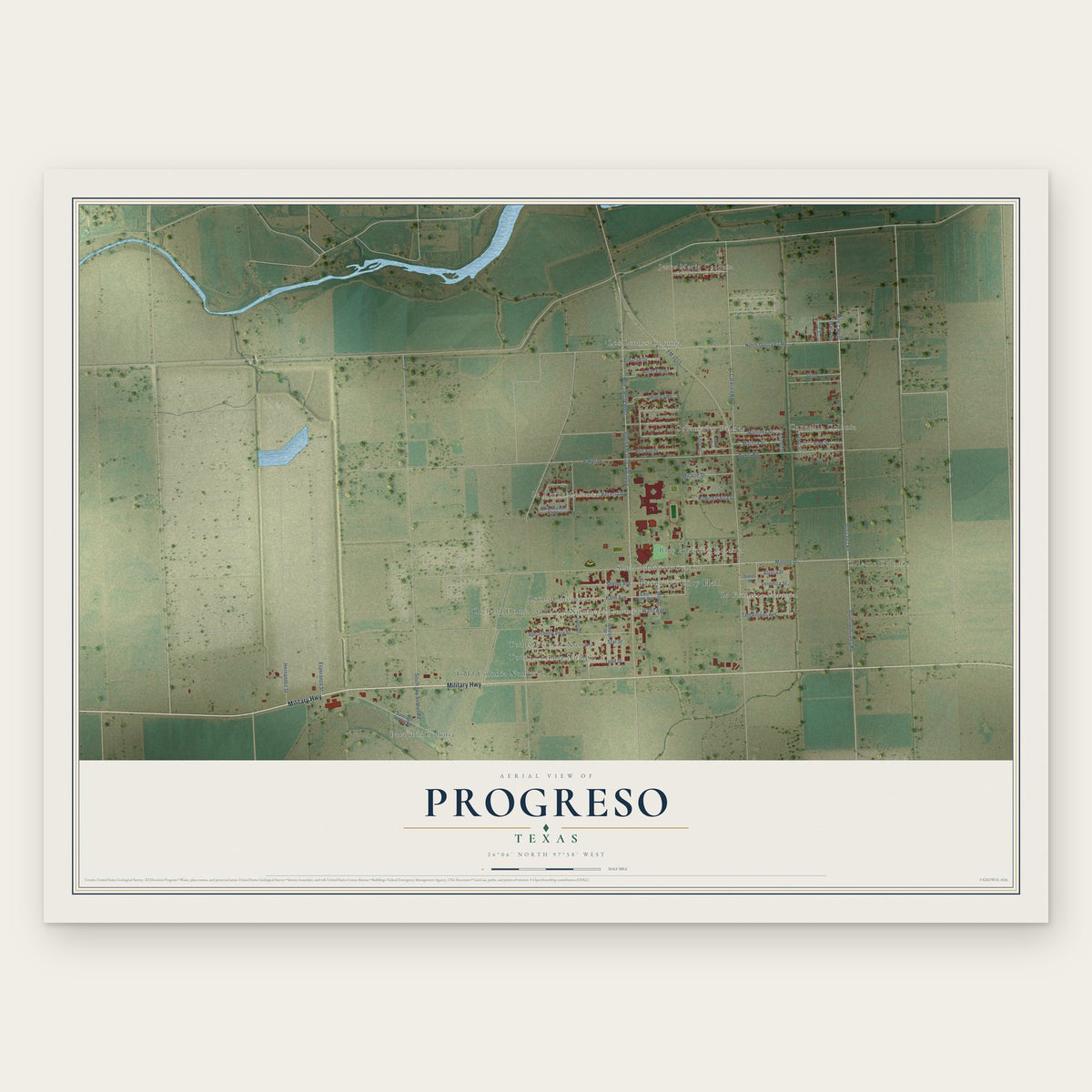 Progreso, Texas map print, the full design