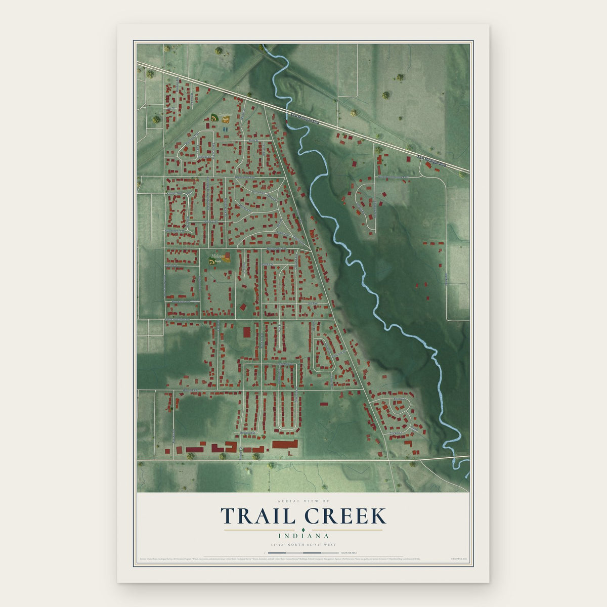 Trail Creek, Indiana map print, the full design