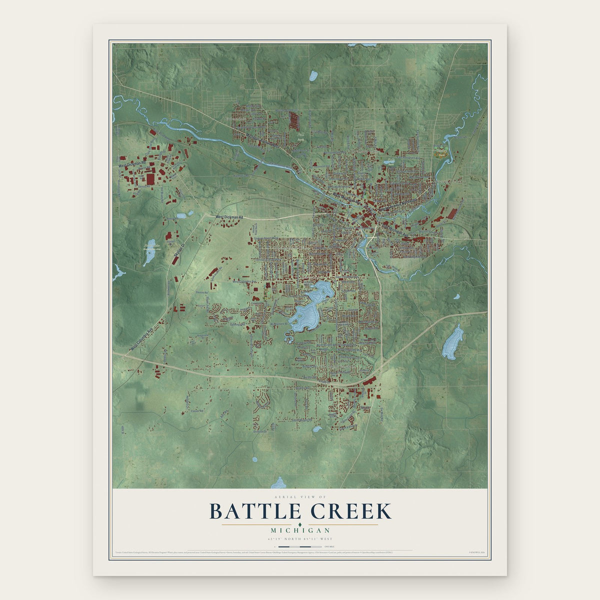 Battle Creek, Michigan map print, the full design