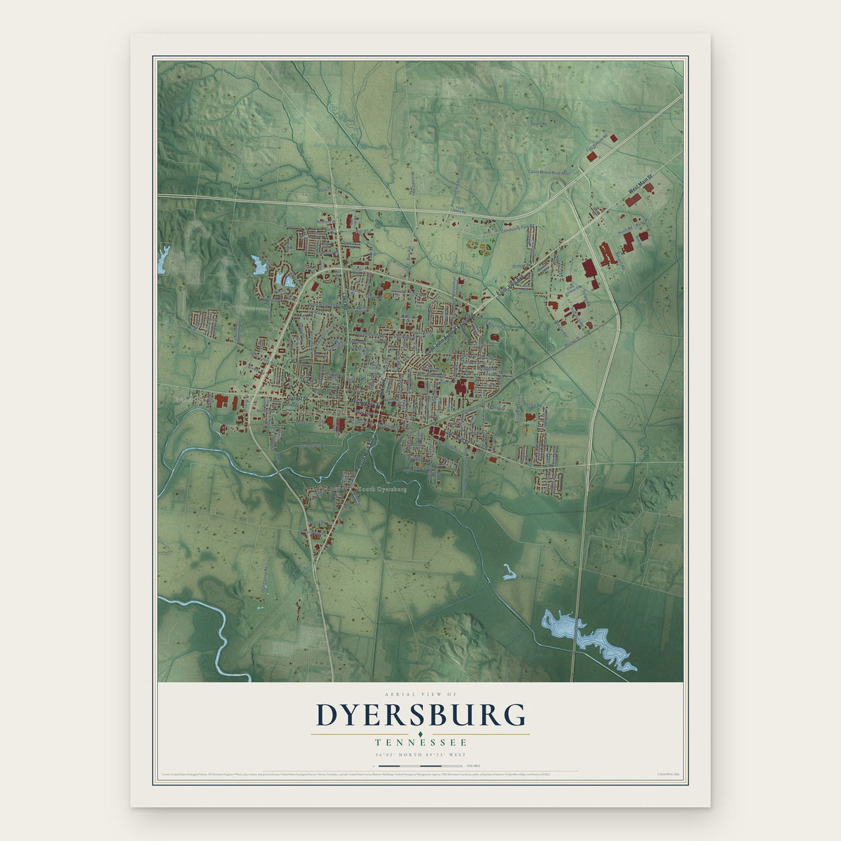 Dyersburg, Tennessee map print, the full design