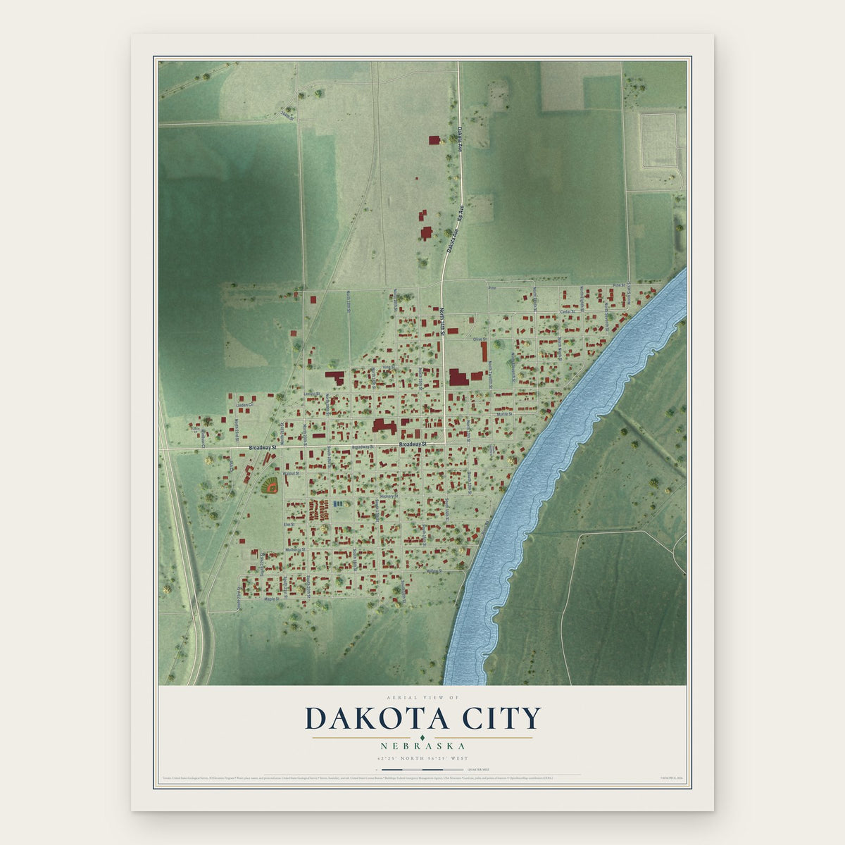 Dakota City, Nebraska map print, the full design