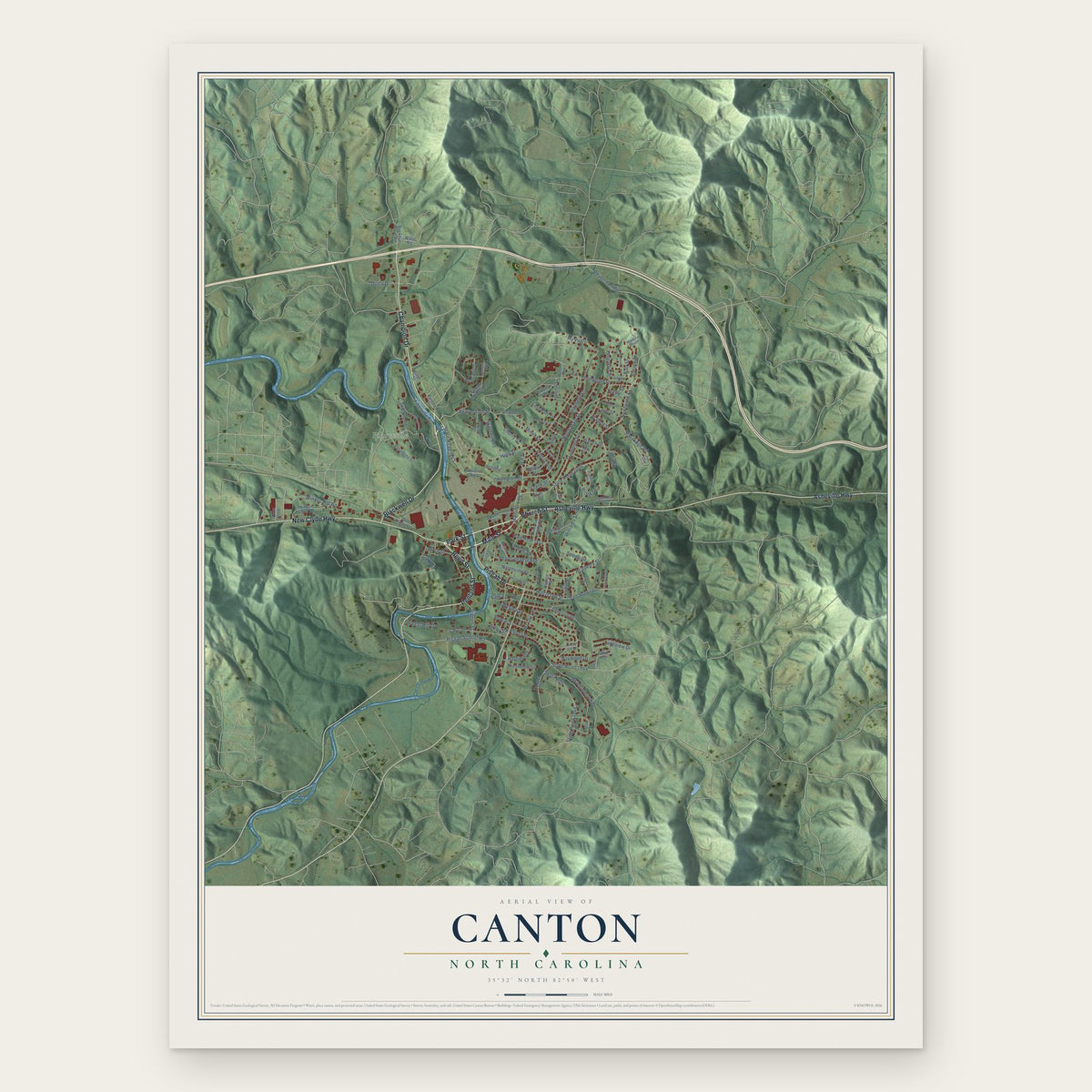 Canton, North Carolina map print, the full design