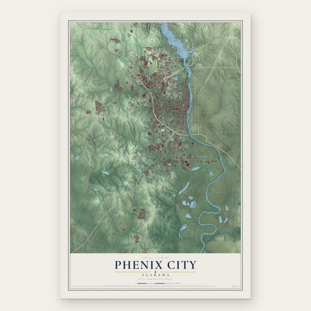 Phenix City, Alabama map print, the full design