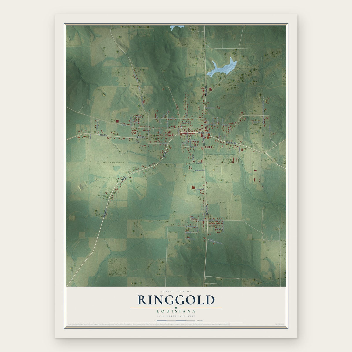 Ringgold, Louisiana map print, the full design