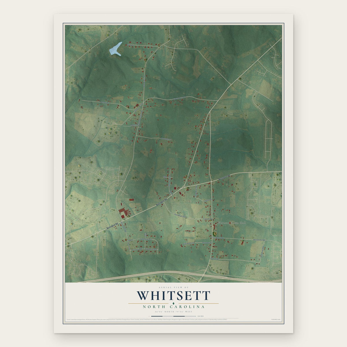 Whitsett, North Carolina map print, the full design