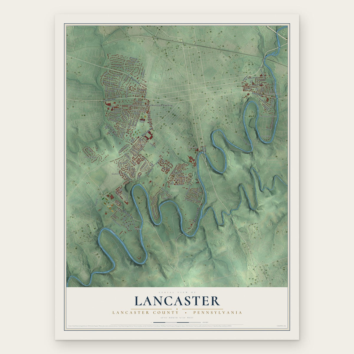 Lancaster, Lancaster County, Pennsylvania map print, the full design
