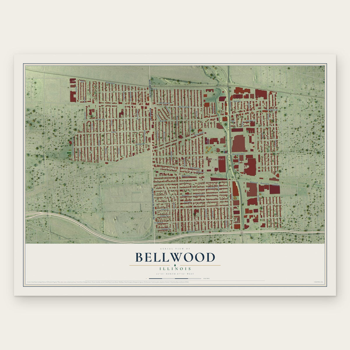 Bellwood, Illinois map print, the full design