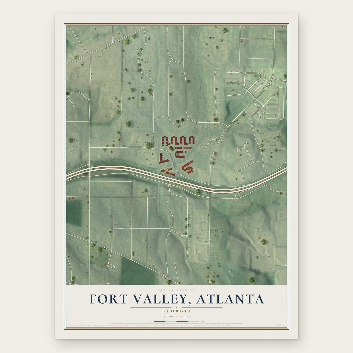 Fort Valley (Atlanta), Georgia map print, the full design