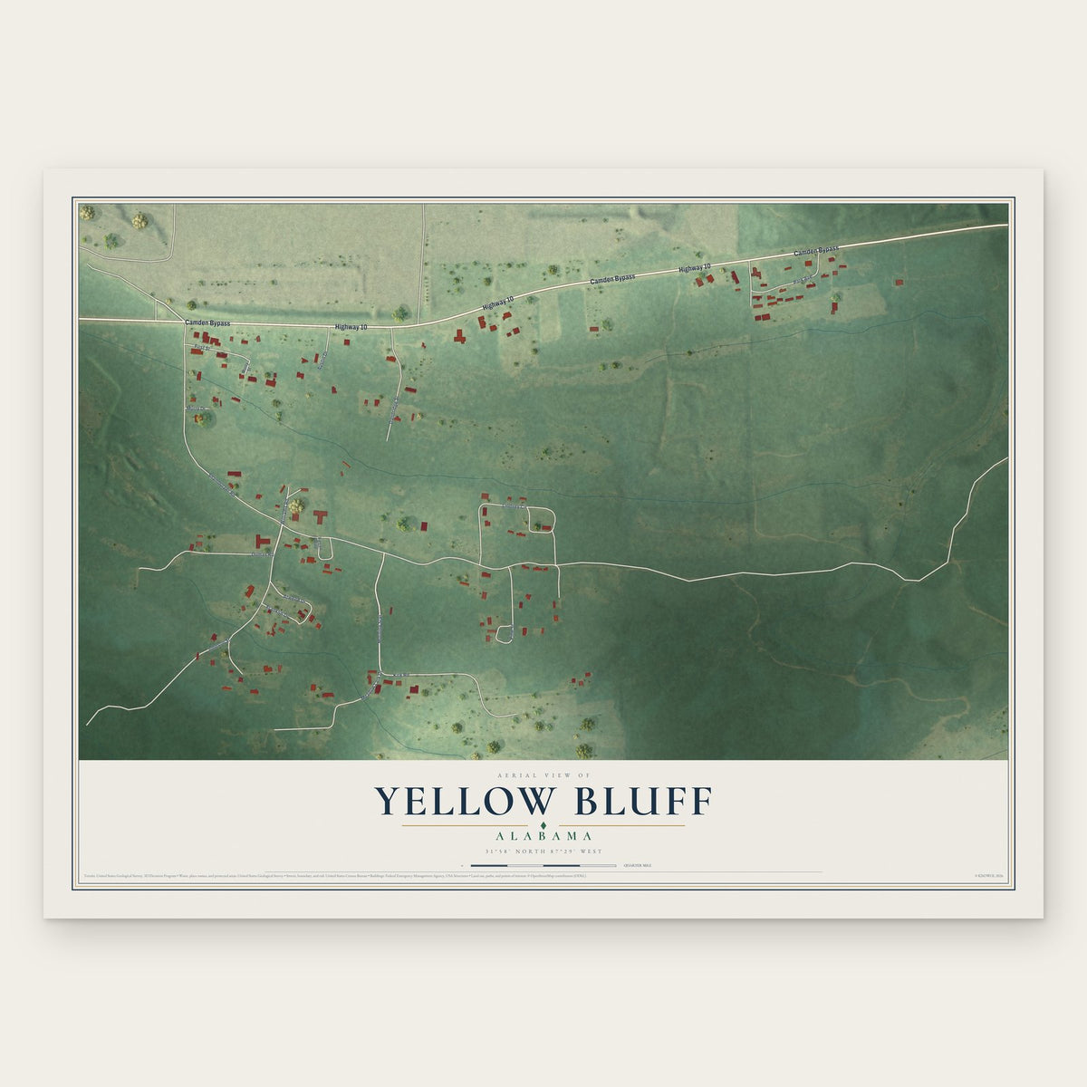 Yellow Bluff, Alabama map print, the full design