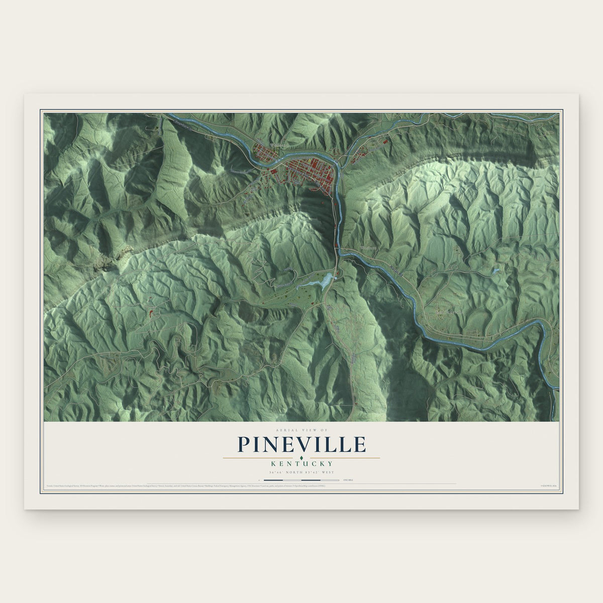 Pineville, Kentucky map print, the full design