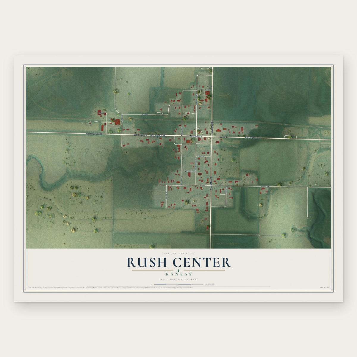 Rush Center, Kansas map print, the full design