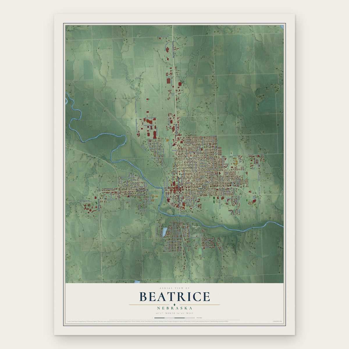 Beatrice, Nebraska map print, the full design