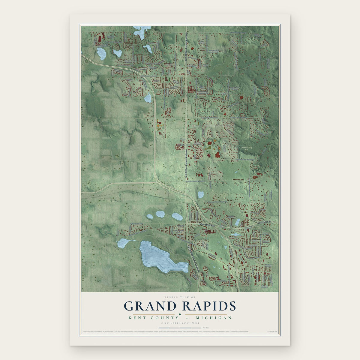 Grand Rapids, Kent County, Michigan map print, the full design
