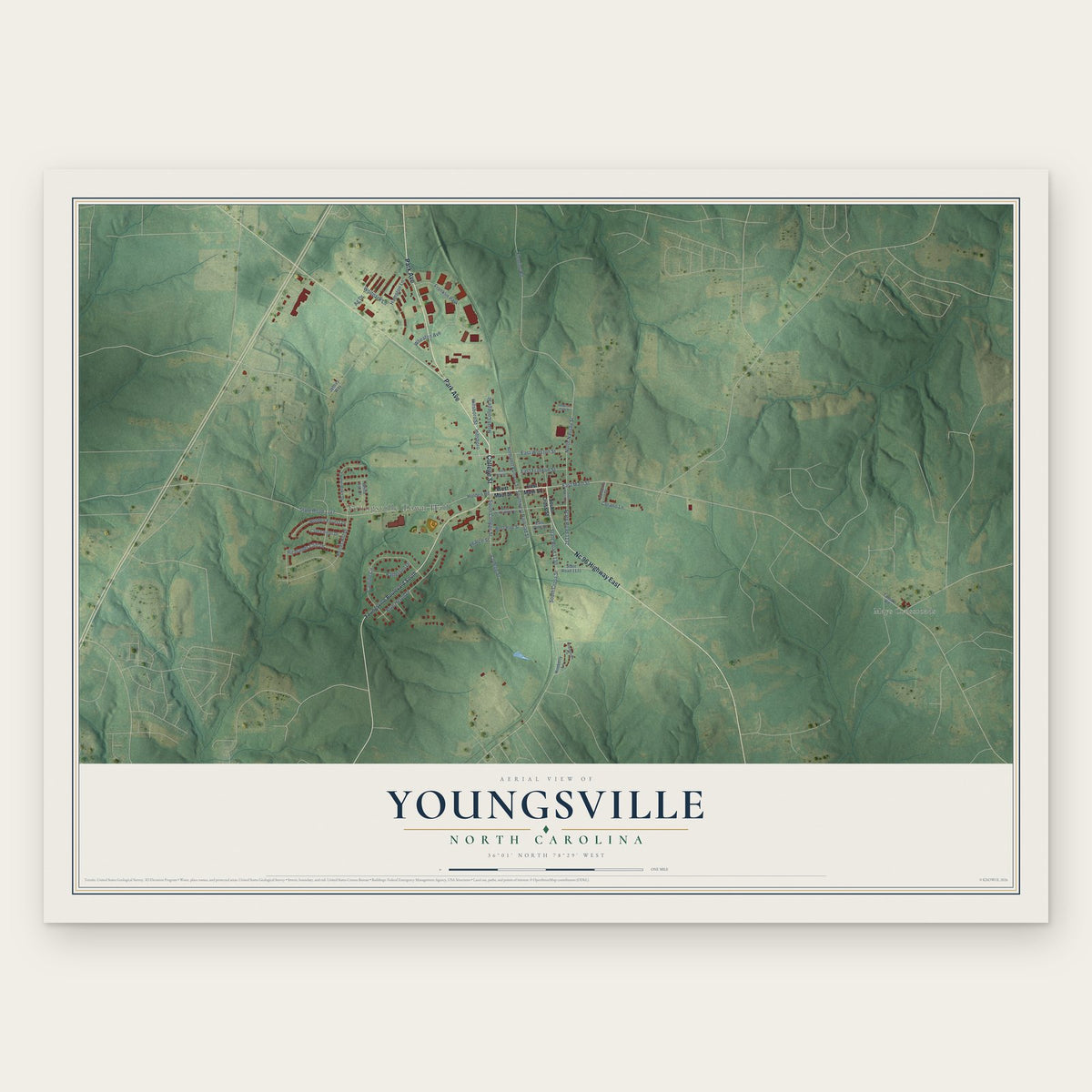 Youngsville, North Carolina map print, the full design