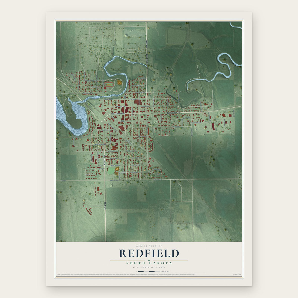 Redfield, South Dakota map print, the full design