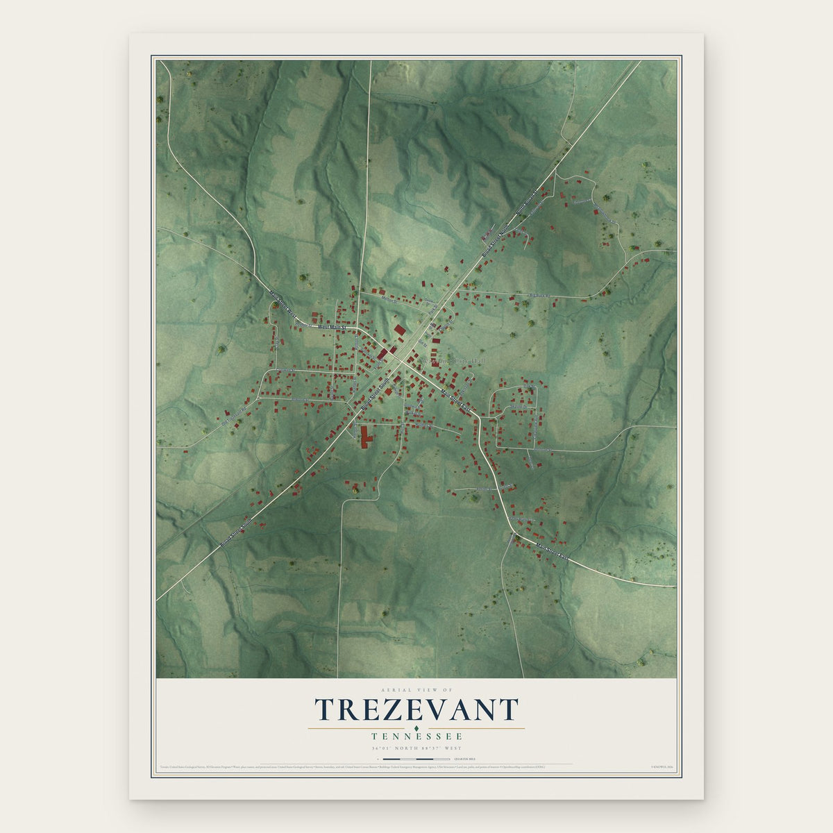 Trezevant, Tennessee map print, the full design