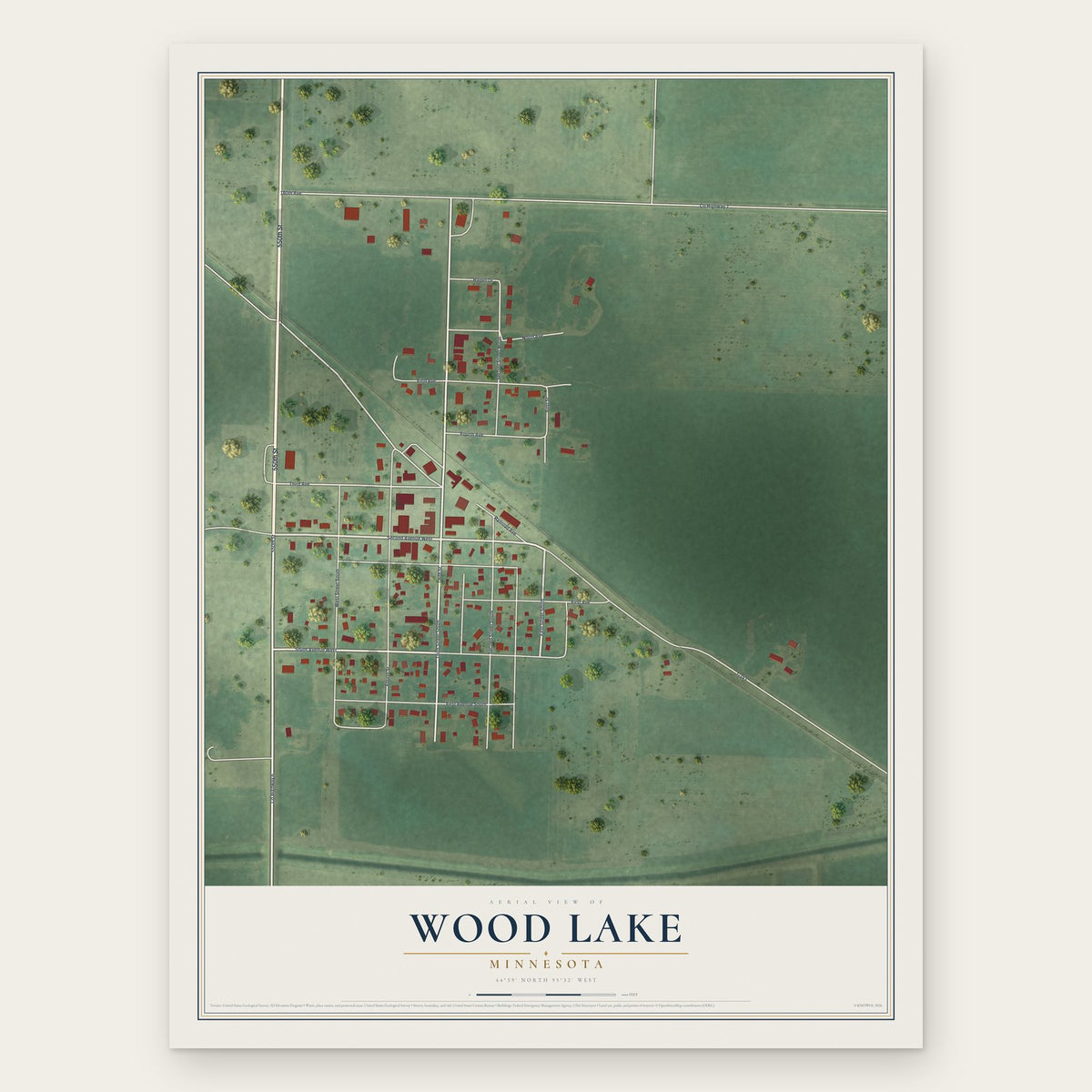 Wood Lake, Minnesota map print, the full design