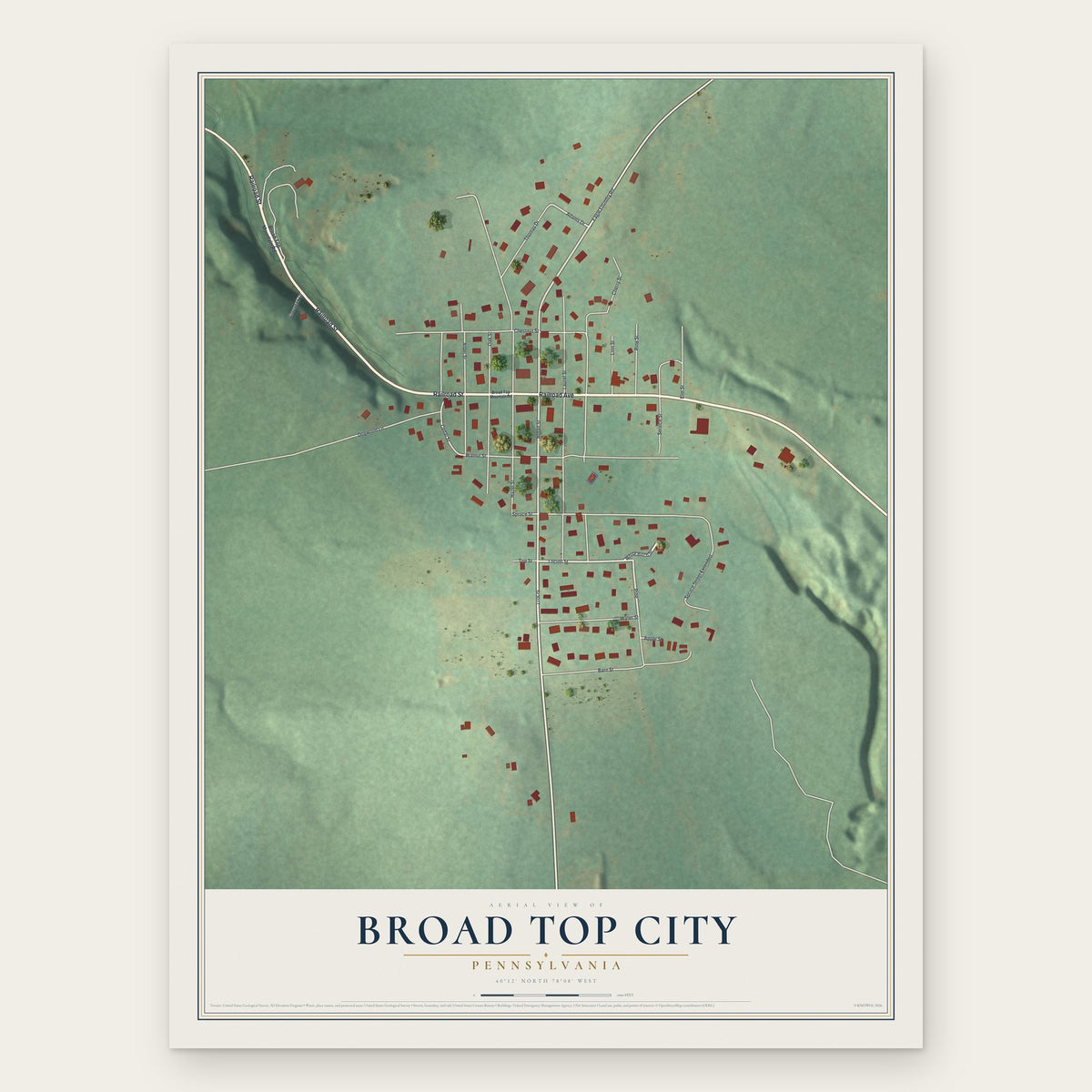 Broad Top City, Pennsylvania map print, the full design