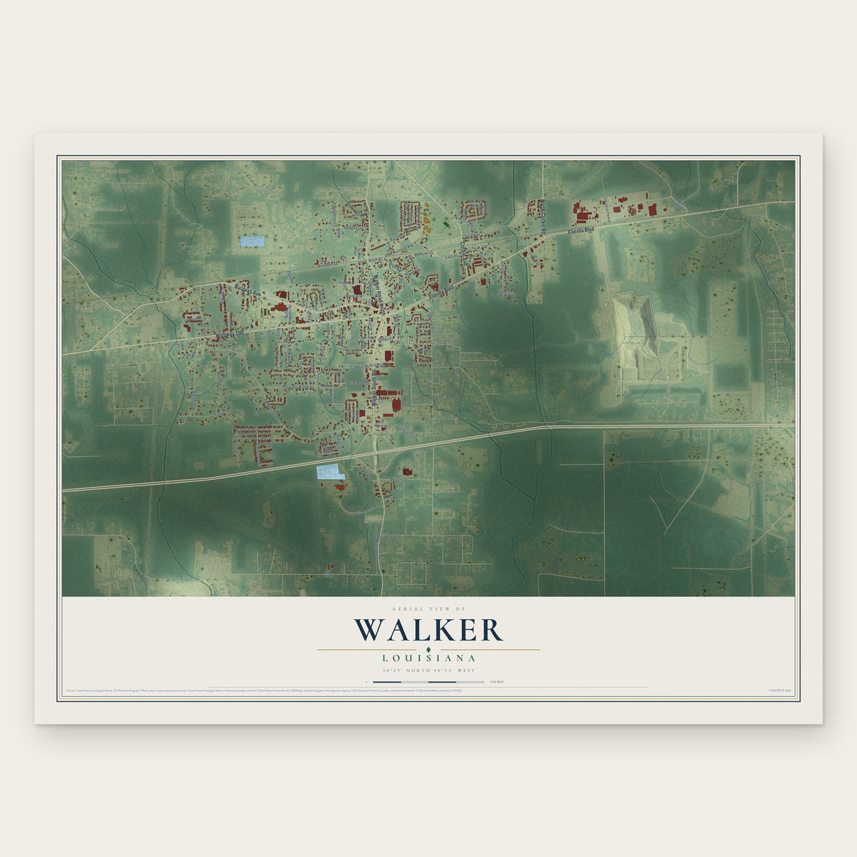 Walker, Louisiana map print, the full design