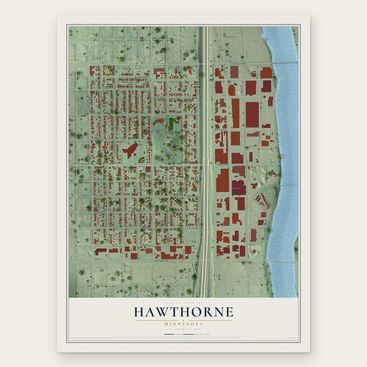 Hawthorne, Minnesota map print, the full design