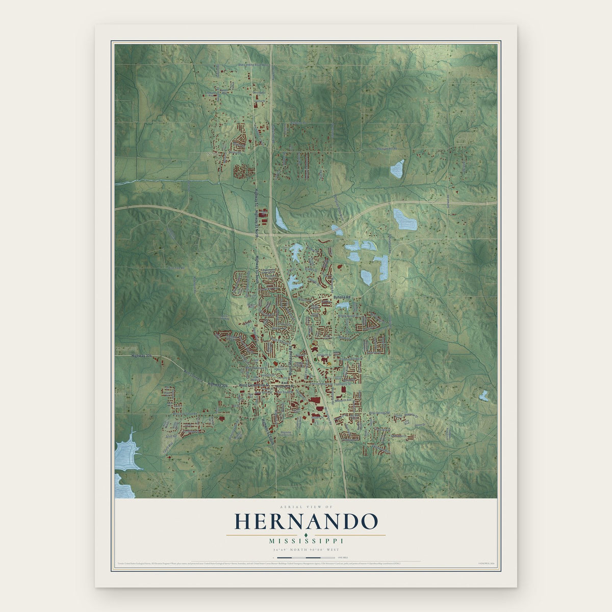 Hernando, Mississippi map print, the full design
