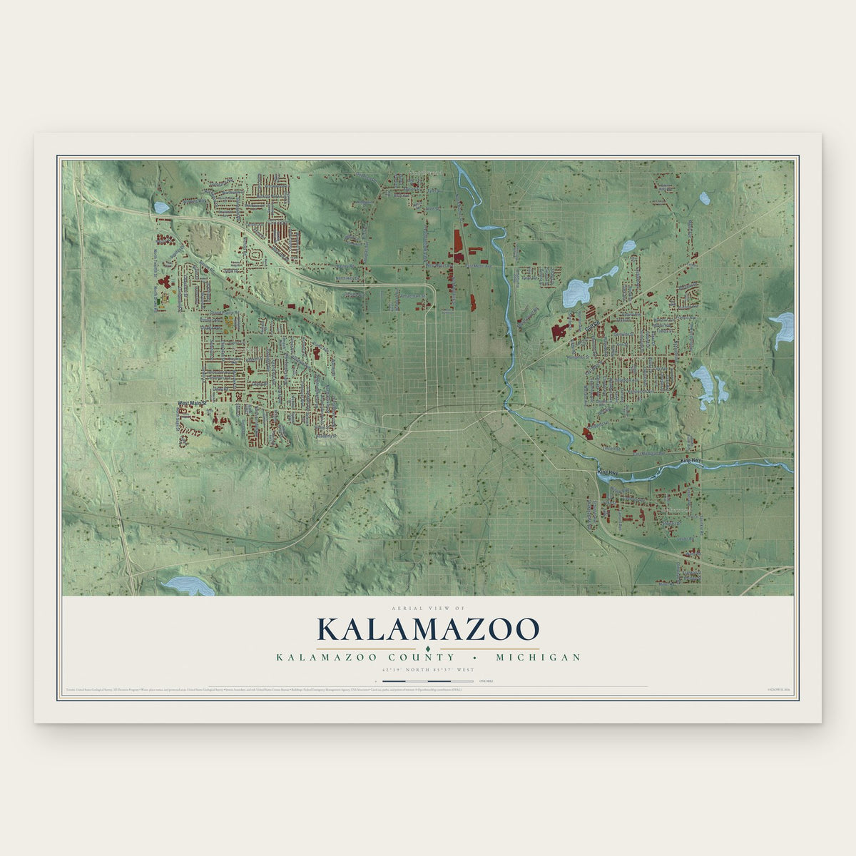 Kalamazoo, Kalamazoo County, Michigan map print, the full design
