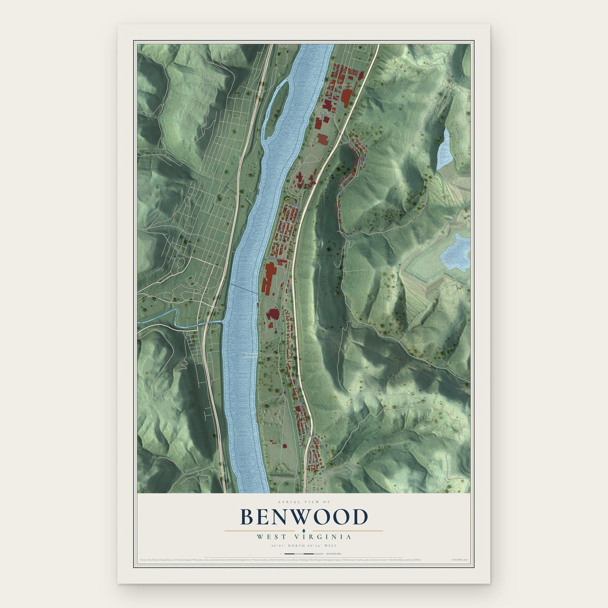 Benwood, West Virginia map print, the full design