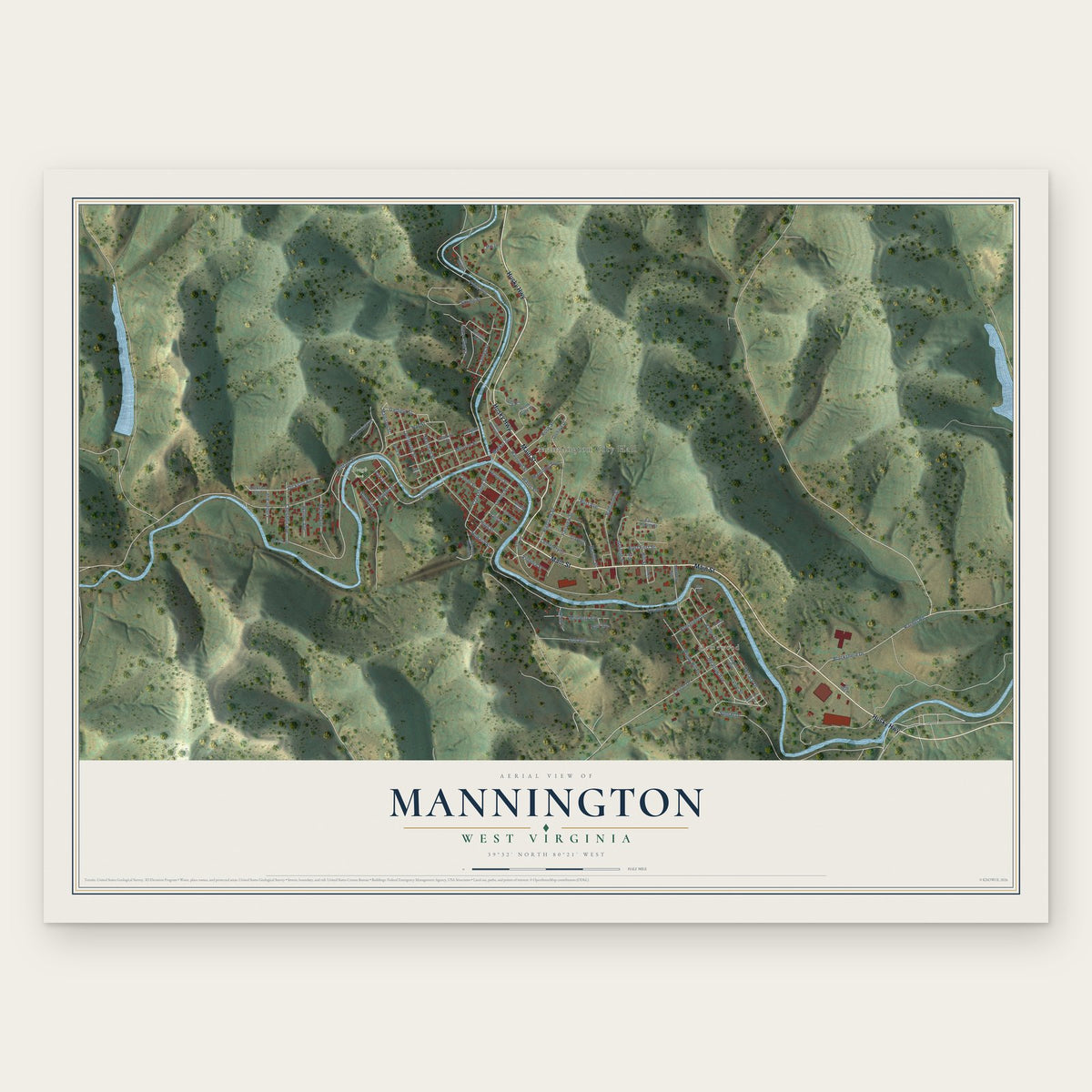 Mannington, West Virginia map print, the full design