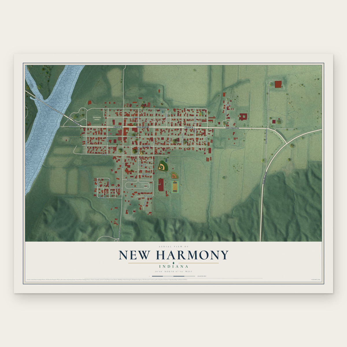 New Harmony, Indiana map print, the full design