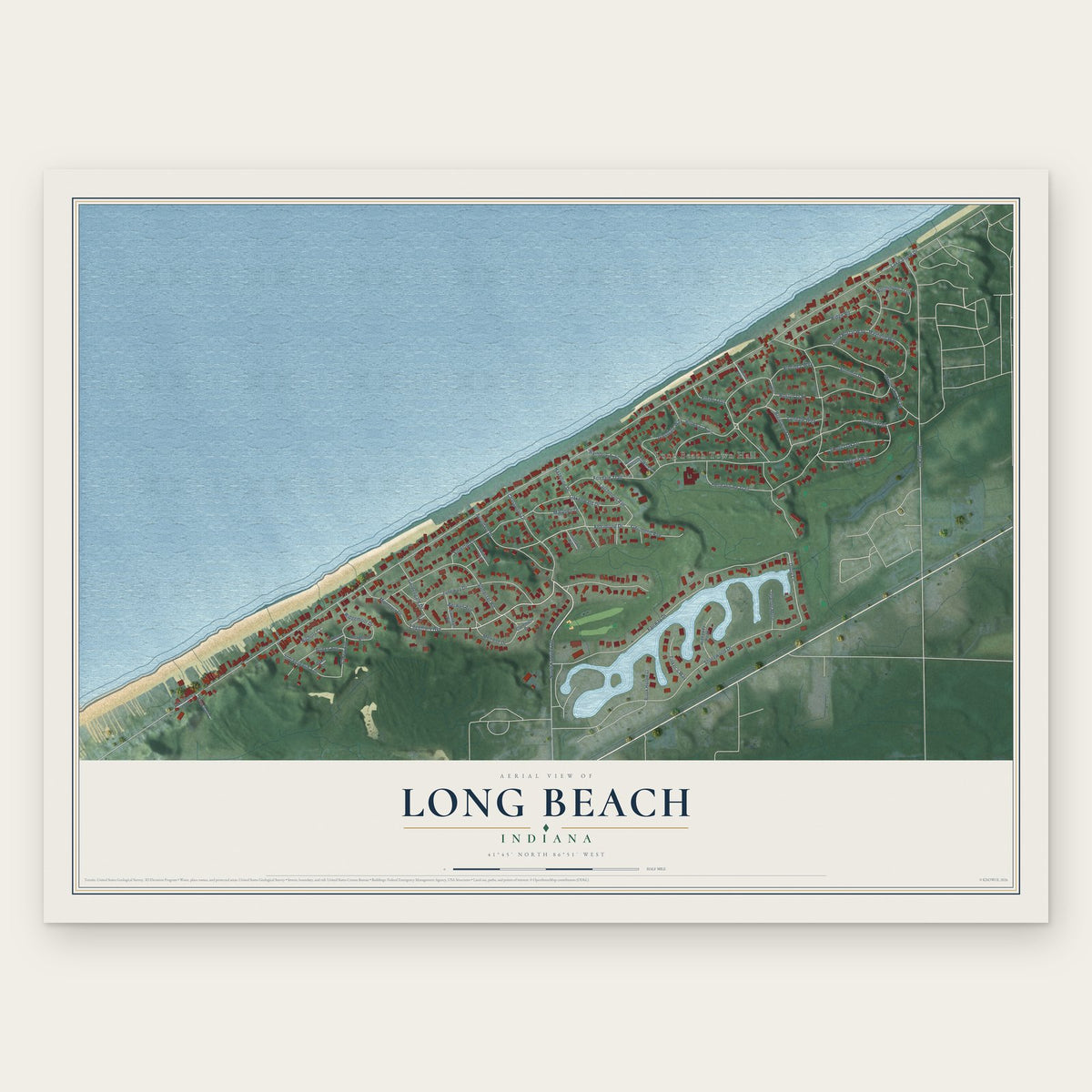 Long Beach, Indiana map print, the full design