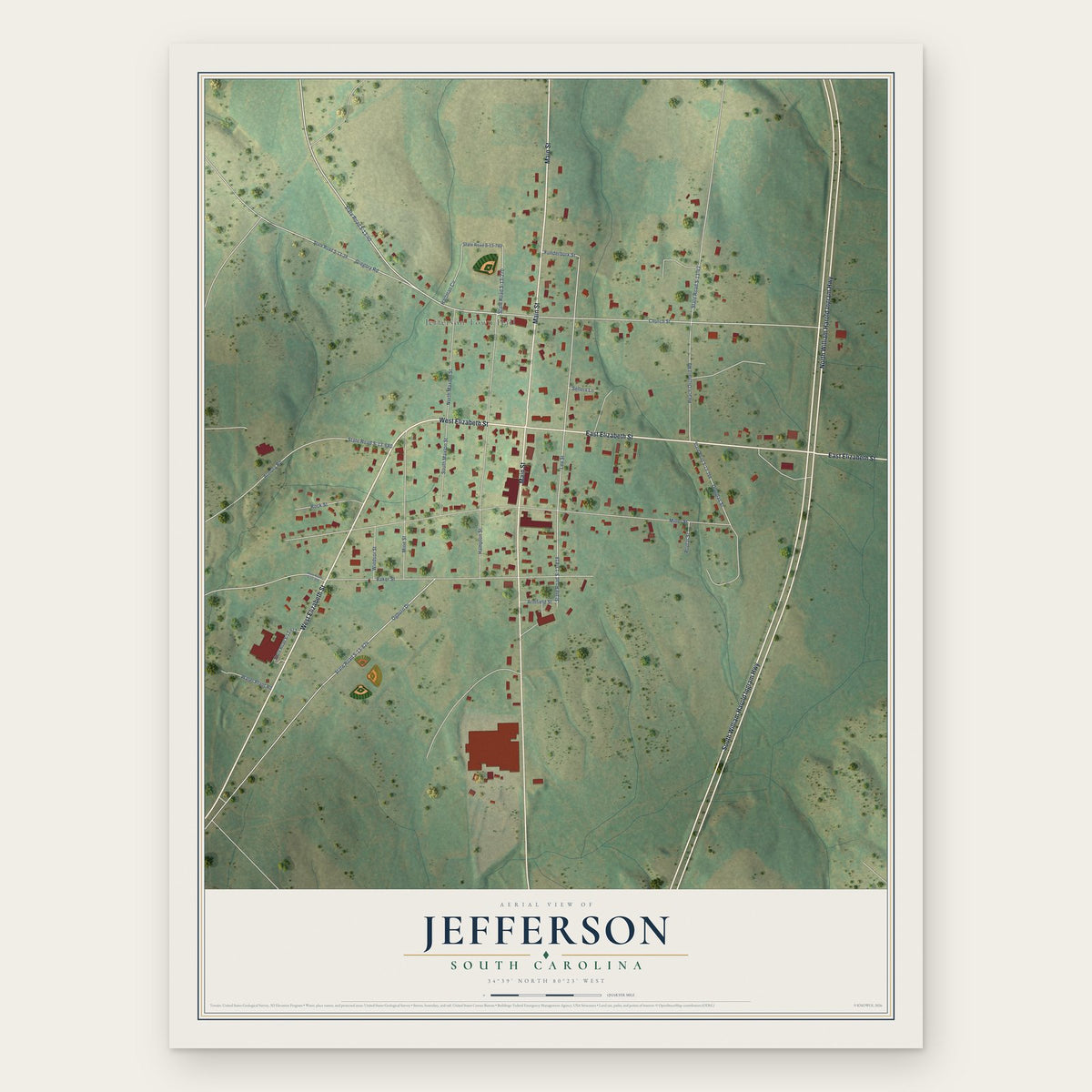 Jefferson, South Carolina map print, the full design